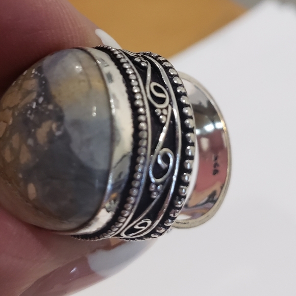 Stunning Handmade Natural Maligano Jasper Gem 925 Vintage Goth Antique Ring - Picture 10 of 14